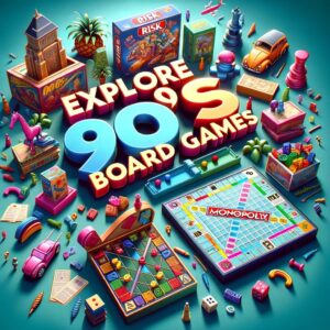 Colorful and dynamic visuals of popular 1990s board games like 'Risk', 'Scrabble', and 'Monopoly', presented in a vibrant, three-dimensional style.
